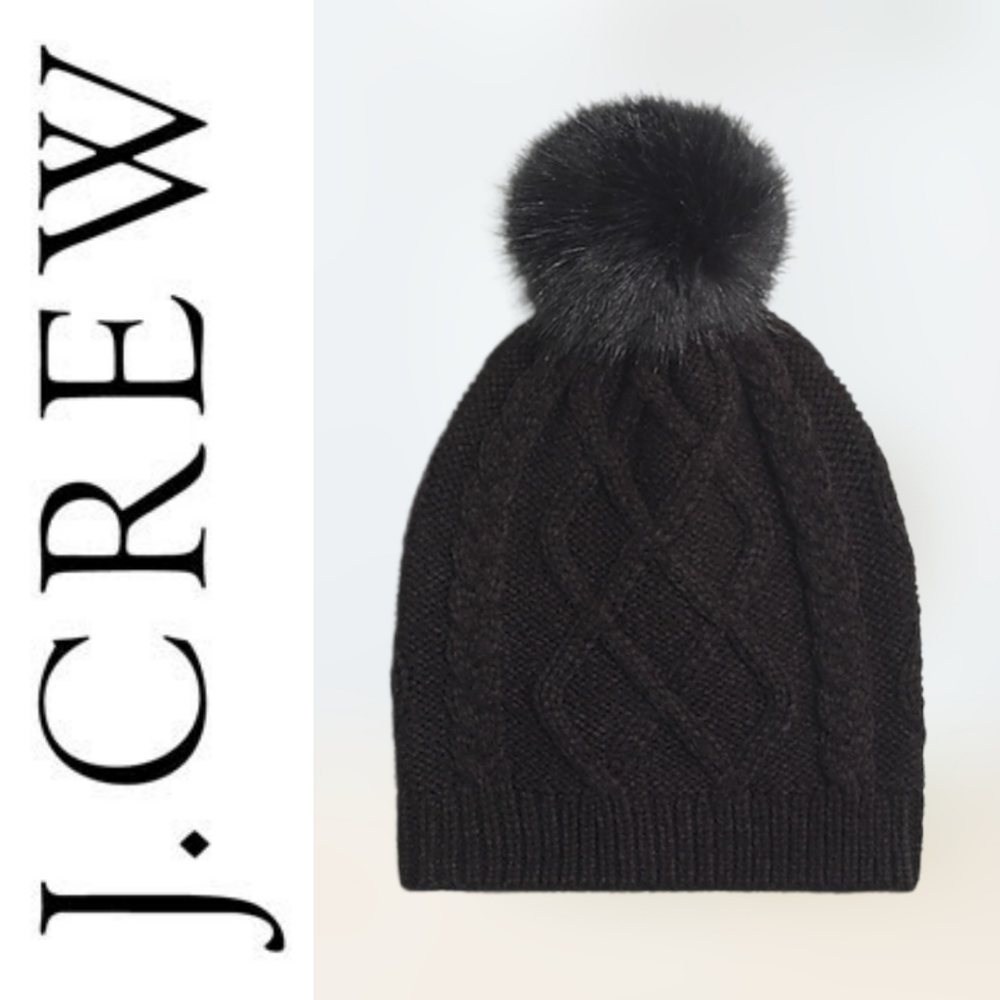 J Crew Faux Fur Pom-pom Hat in Black